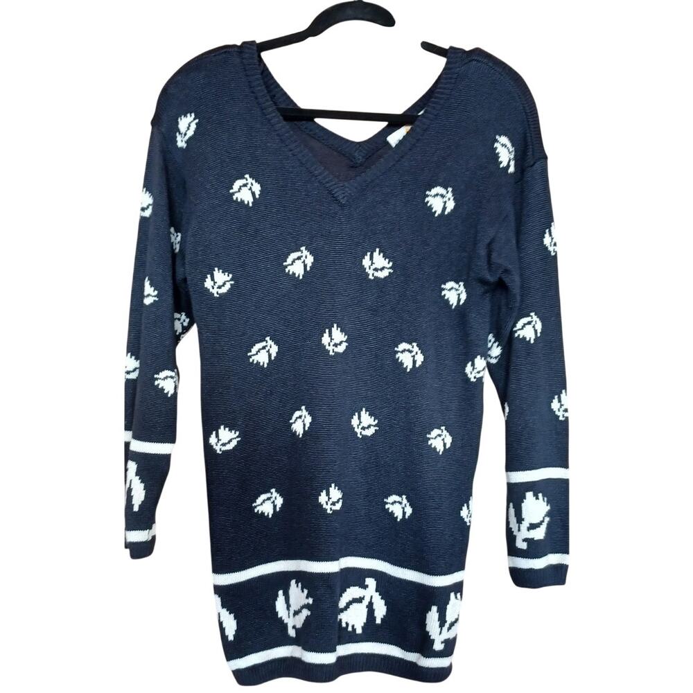 VTG Liz Claiborne Sweater Womens Small Navy Blue White Leaf Pattern V Neck Tunic